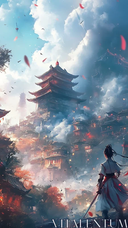 Samurai observer before stratified mountain pagoda city.