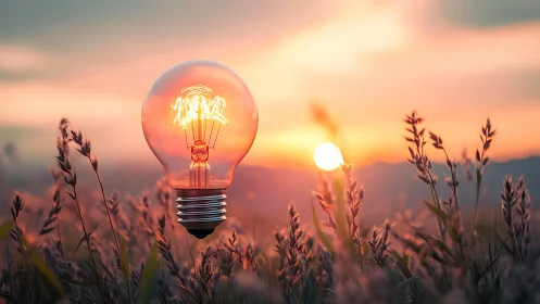 Sunlit glass bulb glowing over dreamy wheat meadow.