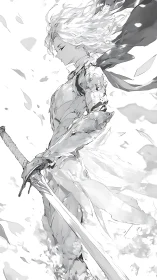 Monochrome kinetic swordsman in dissolving armor silhouette.