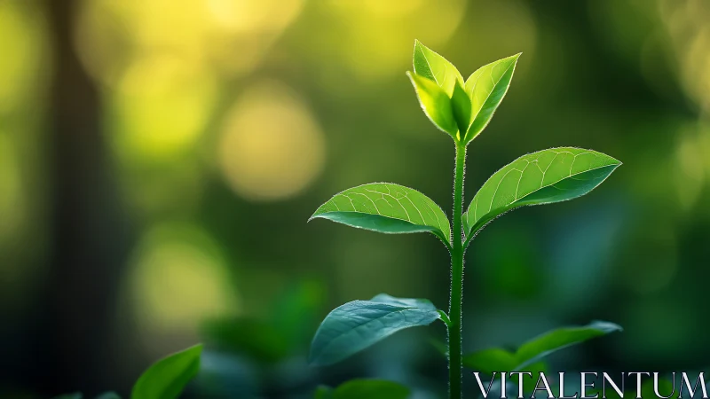 Young green plant sprout with sunlit leaves in garden.