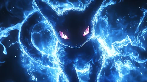 Electric feline spirit framed in vivid neon blue fire.