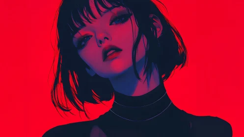 Neon-lit portrait isolates a stylized woman in dual-tone contrast