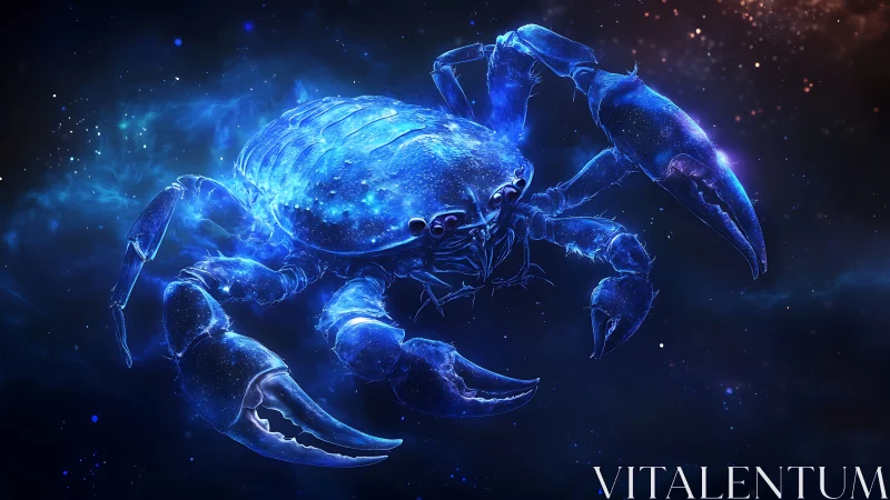 Starlit cosmic crab drifts through a deep sapphire nebula.