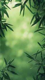 Bamboo leaves frame with soft green bokeh background.