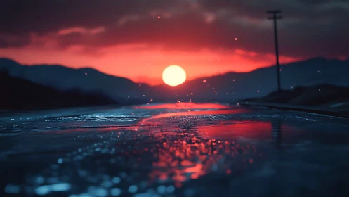 Low angle road view under vivid red sunset sky.