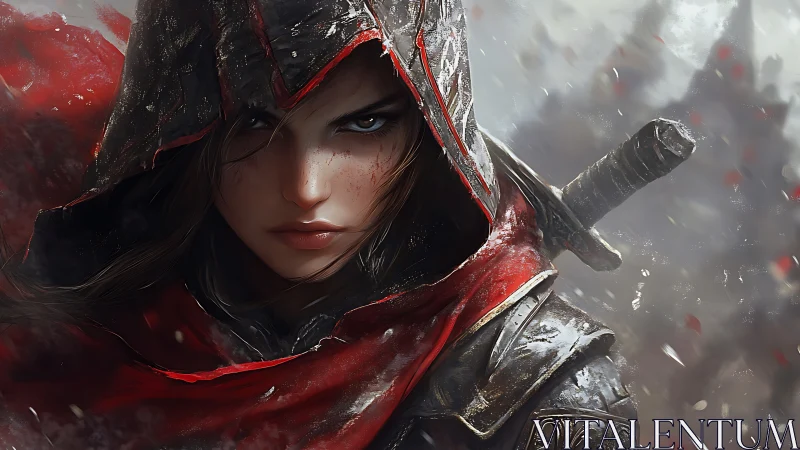 Battle-worn assassin in red hood rendered with cinematic lighting