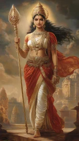 Hindu goddess figure with trident in ornate temple landscape.