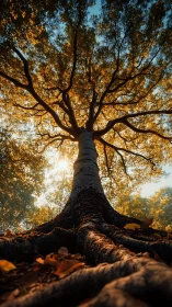 Low-angle view records tall tree trunk and branching canopy