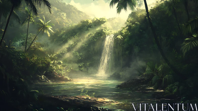 Tropical waterfall cascading through rainforest canopy with light rays