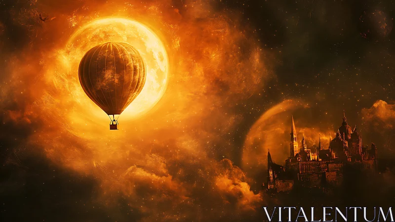 Hot air balloon near luminous moon and distant castle.