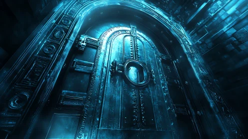 Frozen arcane vault door bathed in spectral blue light.