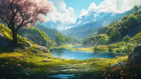 Luminous alpine lake with cherry bloom under crystalline skies.