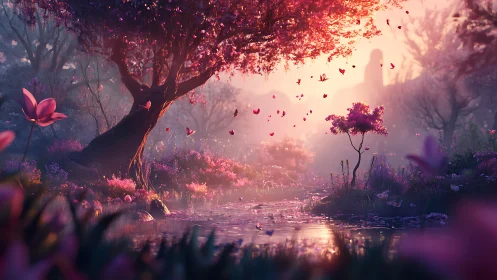 Enchanted pink river garden under a glowing twilight sky.