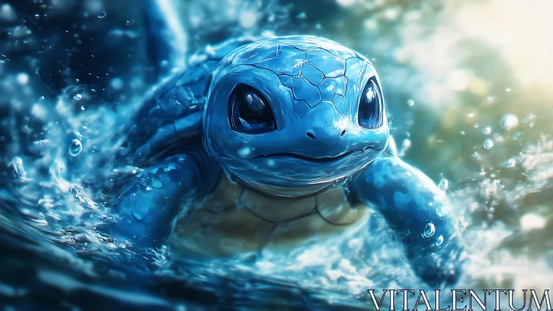 Blue baby turtle swims through bright splashing water.