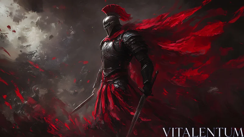 Armored warrior with dual swords in red-tinted battlefield.