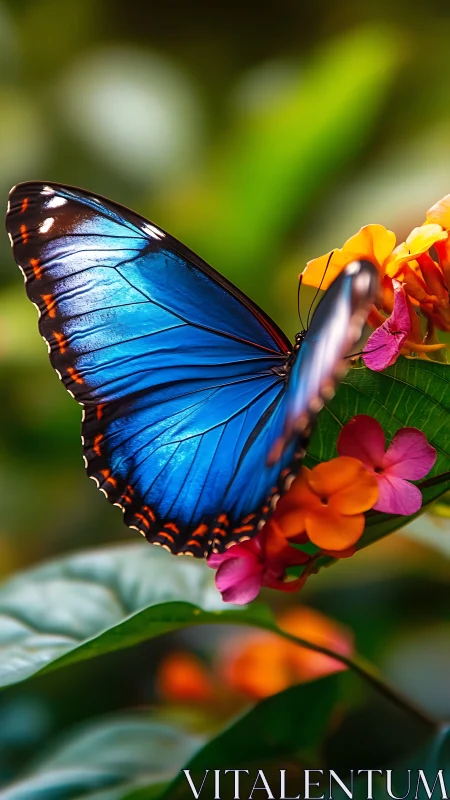 Brilliant blue butterfly rests gently on bright garden flowers