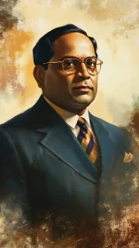 Oil portrait of dignified man in teal suit, textured bokeh field