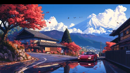 Crimson coupe glides through autumn calm beneath Fuji