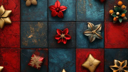 Holiday ornaments on red and blue textured square grid.