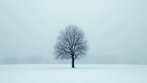 Quiet winter tree stands calm and alone in soft pale snow