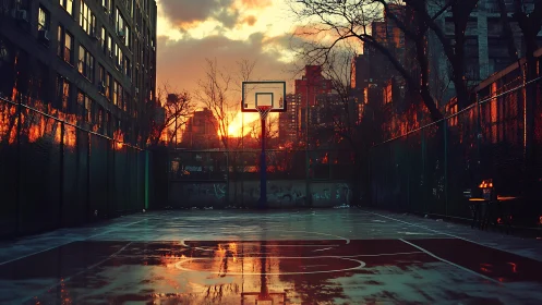Empty wet basketball court reflects city sunset light clearly