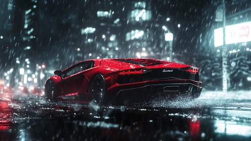 Scarlet supercar glides through a neon city downpour at night