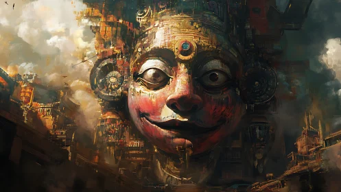 Colossal smiling mask amid dense industrial clouds.