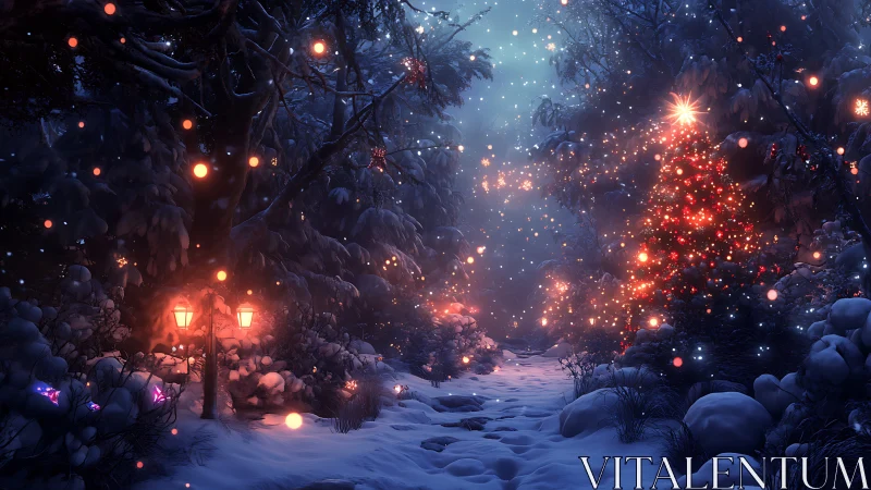 Snowy forest Christmas path glowing with gentle holiday lights.