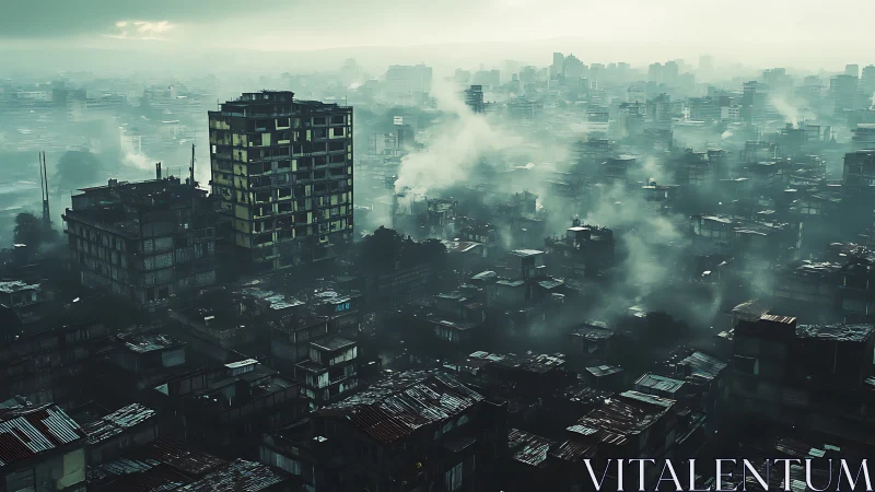 Dense smog-choked megacity rendered in moody digital realism