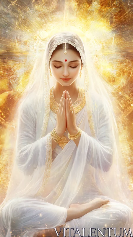 Divine woman in white veil meditating within radiant light.