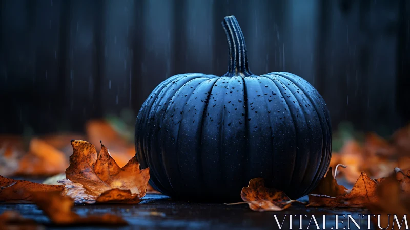 Midnight blue pumpkin with raindrops on wet autumn leaves.