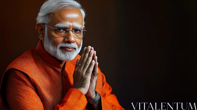 Elderly man in orange traditional attire with folded hands.