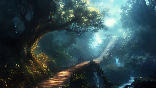 Luminescent Pathway Through Dense Forest Canopy with Volumetric Light Rendering