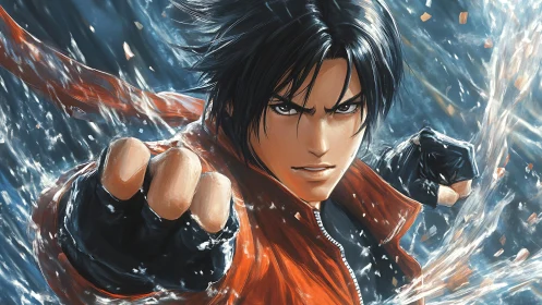 Dynamic close-up of martial artist punching through liquid shards