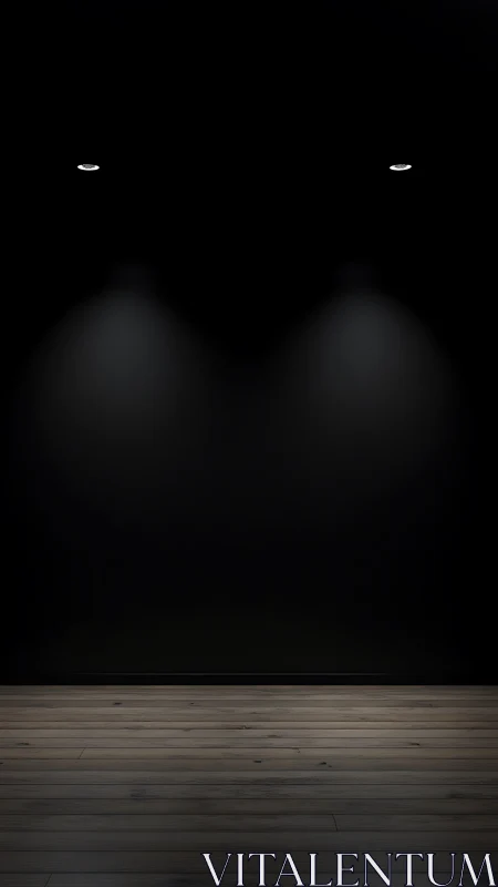 Dark gallery interior shows twin spotlights over wood planks