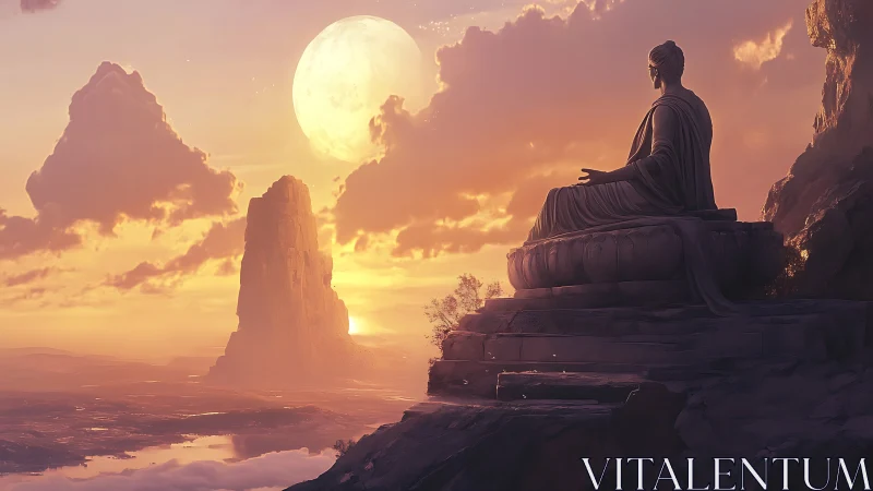 Soft dawn light embraces a serene cliffside statue in calm
