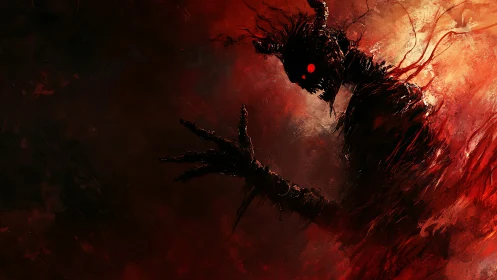 Demonic silhouette reaches through blazing infernal haze.