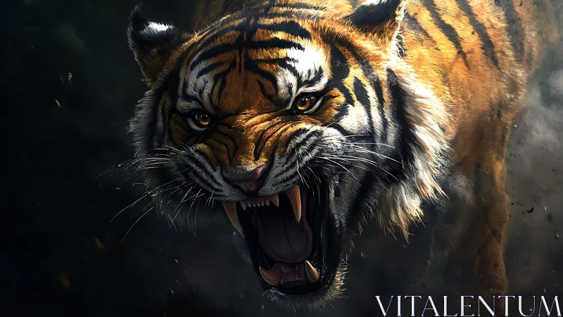 Roaring tiger charges forward through shadowed forest haze