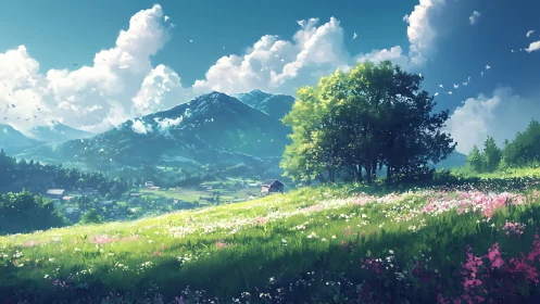 Sunlit alpine meadow with wildflower field and distant valley