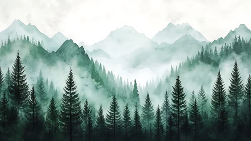 Atmospheric mountain landscape with layered coniferous forests and mist