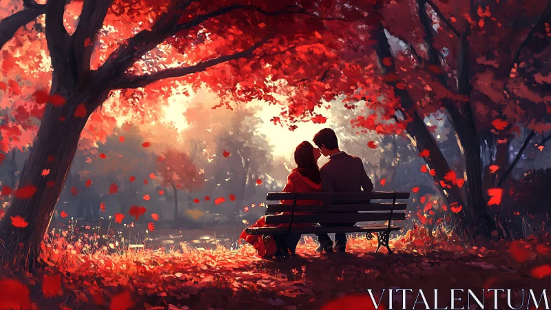 Romantic couple silhouetted on bench beneath luminescent crimson autumn canopy.