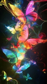 Luminous multicolor butterflies in swirling neon particle haze