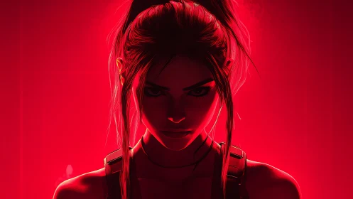 Red backlit cyberpunk heroine portrait in intense chiaroscuro