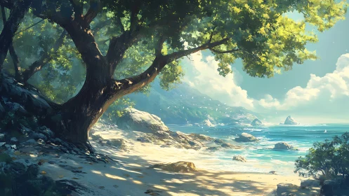 Seaside Sanctuary: Ancient Tree Framing Tropical Coastline.