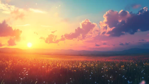 Sunlit wildflower meadow glowing under a soft evening sky.
