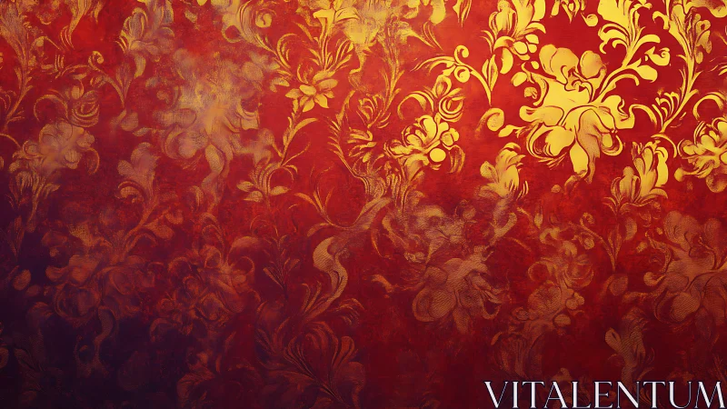 Ornate gold floral damask glows over rich red texture
