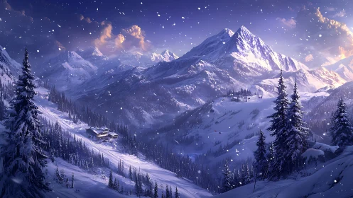 Snow-covered alpine mountainside with distant lodge at dusk.