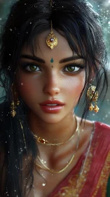 Digital portrait depicts woman with jewelry in close-up view