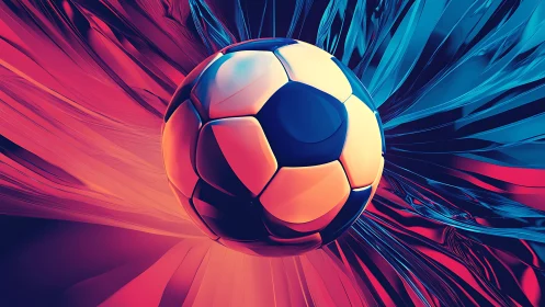 Soccer ball glows within dual-color abstract energy field.