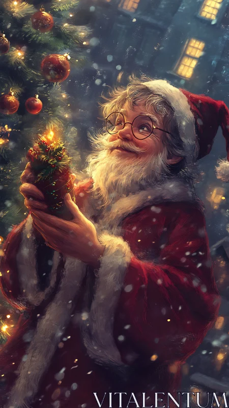 Elderly man in red coat holding candle by decorated tree.